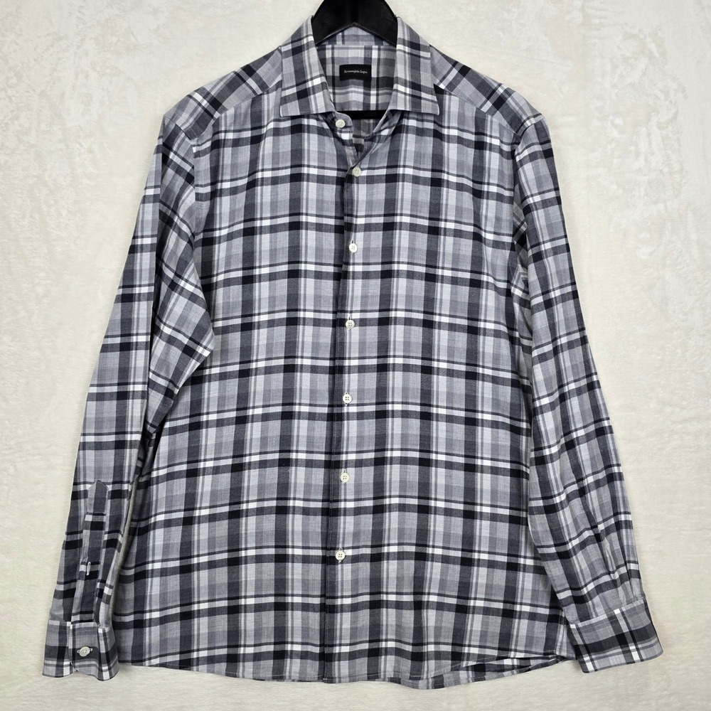 Ermenegildo Zegna Mens Large Grey Black Plaid Cotton Long Sleeve Button Up Shirt